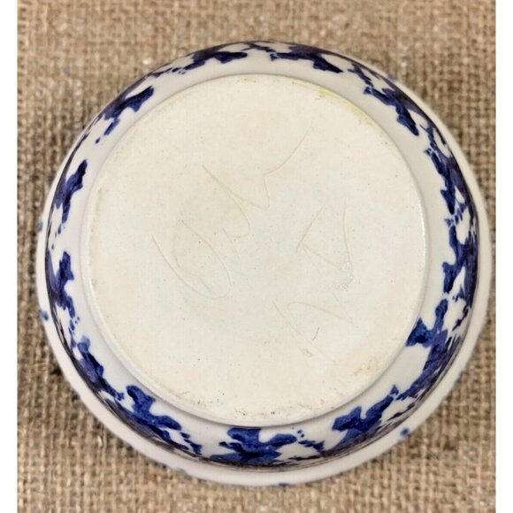 Small Pottery Serving Bowl Blue Sponge Painted Flower Hyacinth or Lupin 4" dia - Picture 3 of 5